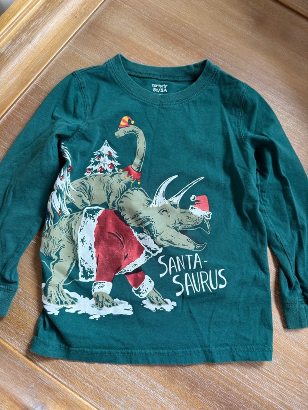 Carter's Dark Green 'Santa-Saurus' Dinosaur Holiday Long Sleeve Tee